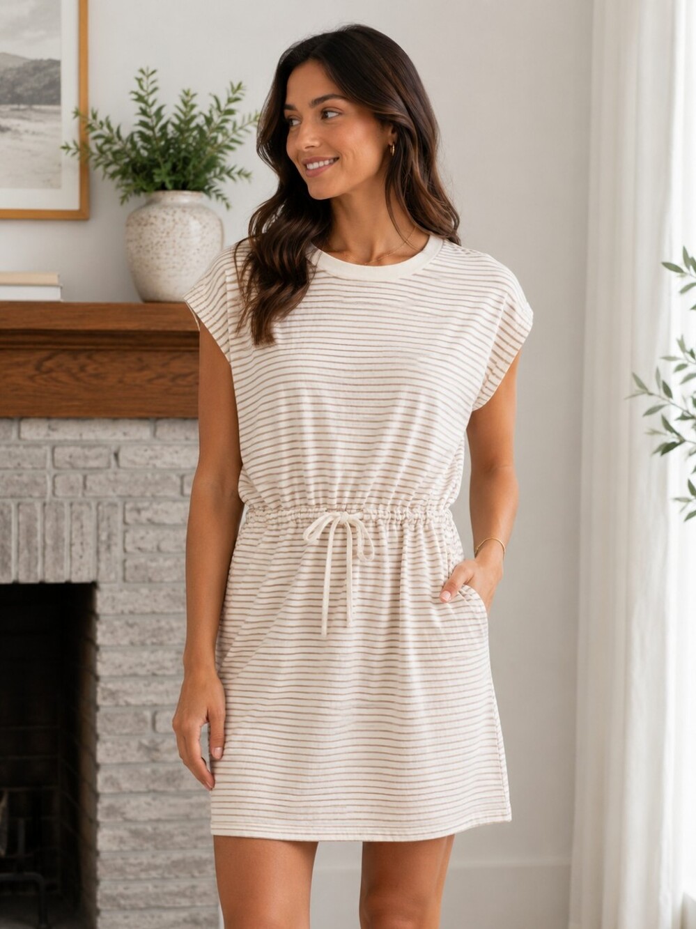 a new day Cream Tee Dress with Thin Tan Stripes